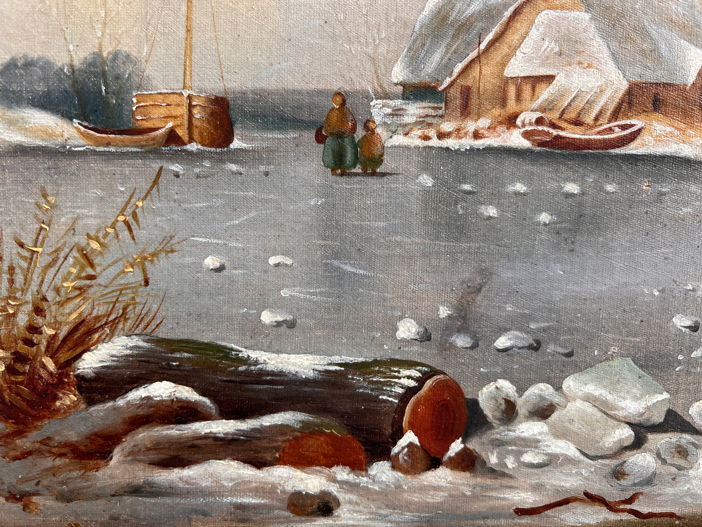 Antique oil painting on canvas, Winter Landscape, Village, figures. Framed