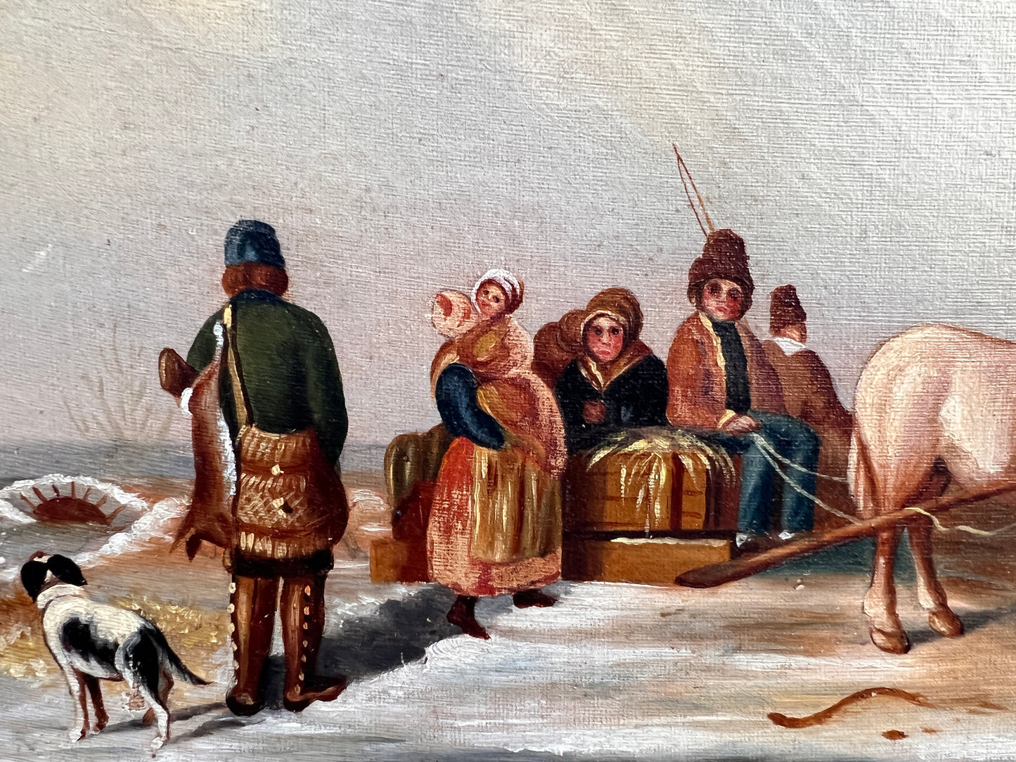Antique oil painting on canvas, Winter Landscape, Village, figures. Framed