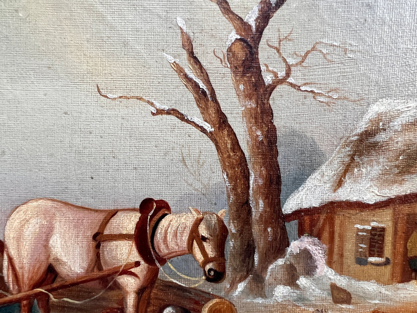 Antique oil painting on canvas, Winter Landscape, Village, figures. Framed