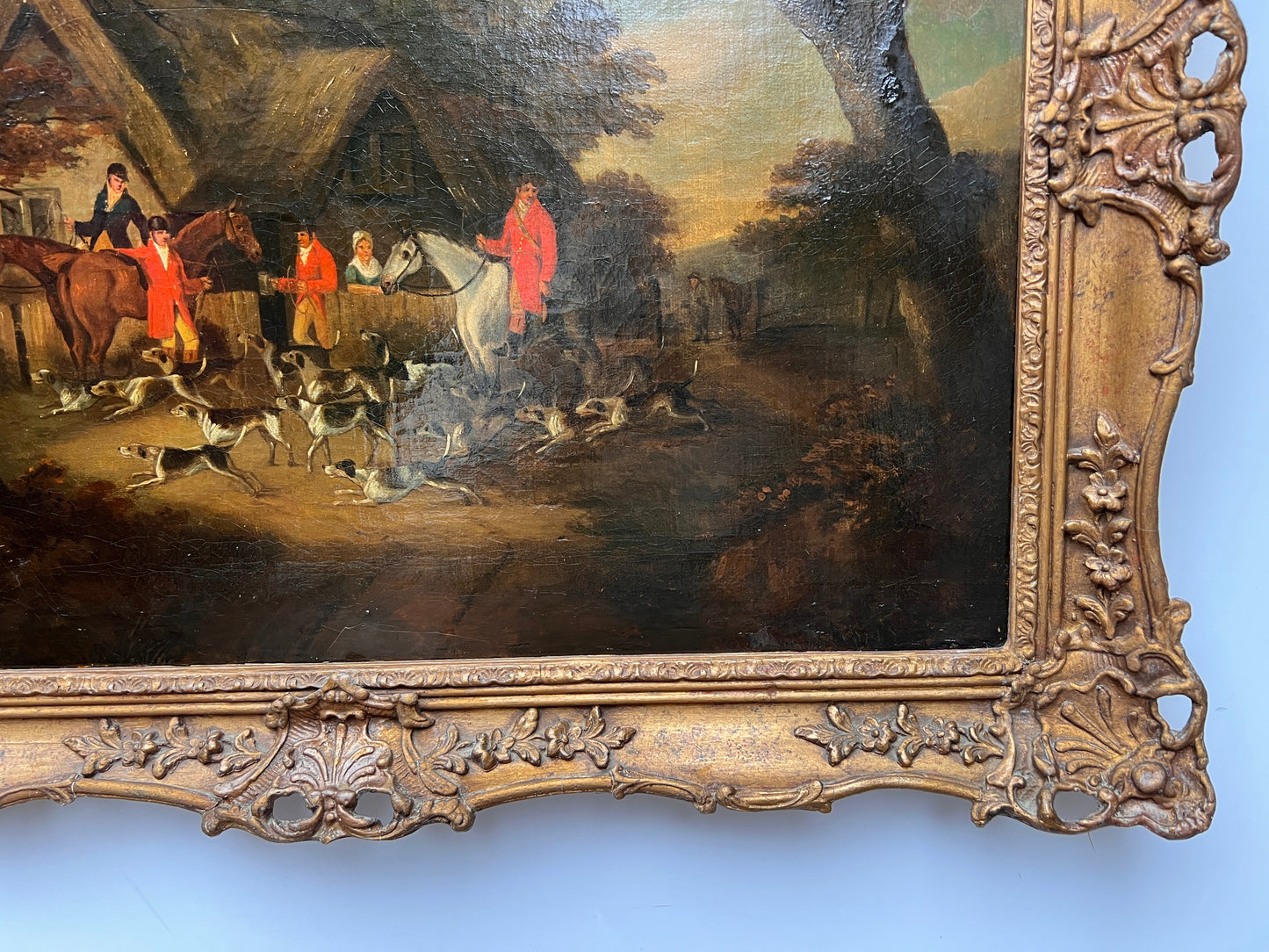 Antique 19century or earlier English School oil painting on canvas Hunting scene