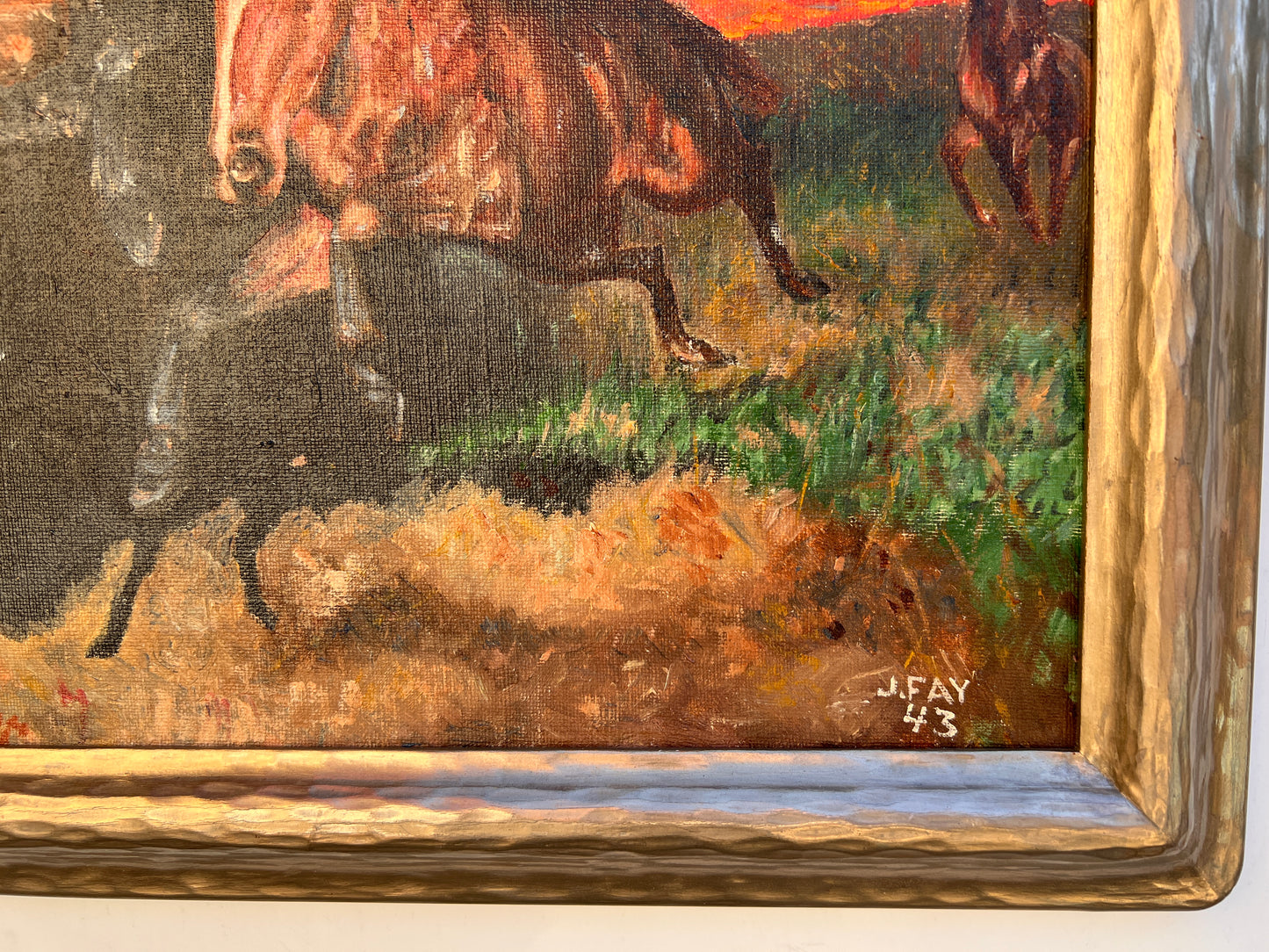J.FAY 1943 Vintage Original Oil Painting on canvas, Herd of Wild Horses, framed