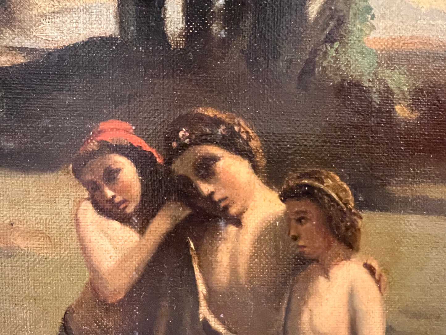 Antique 19C. Oil painting on canvas, neoclassical Scene, Homer playing his Lyre