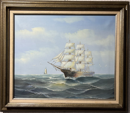 Original Oil painting on canvas, seascape, Sailing Ship in the Ocean, Framed