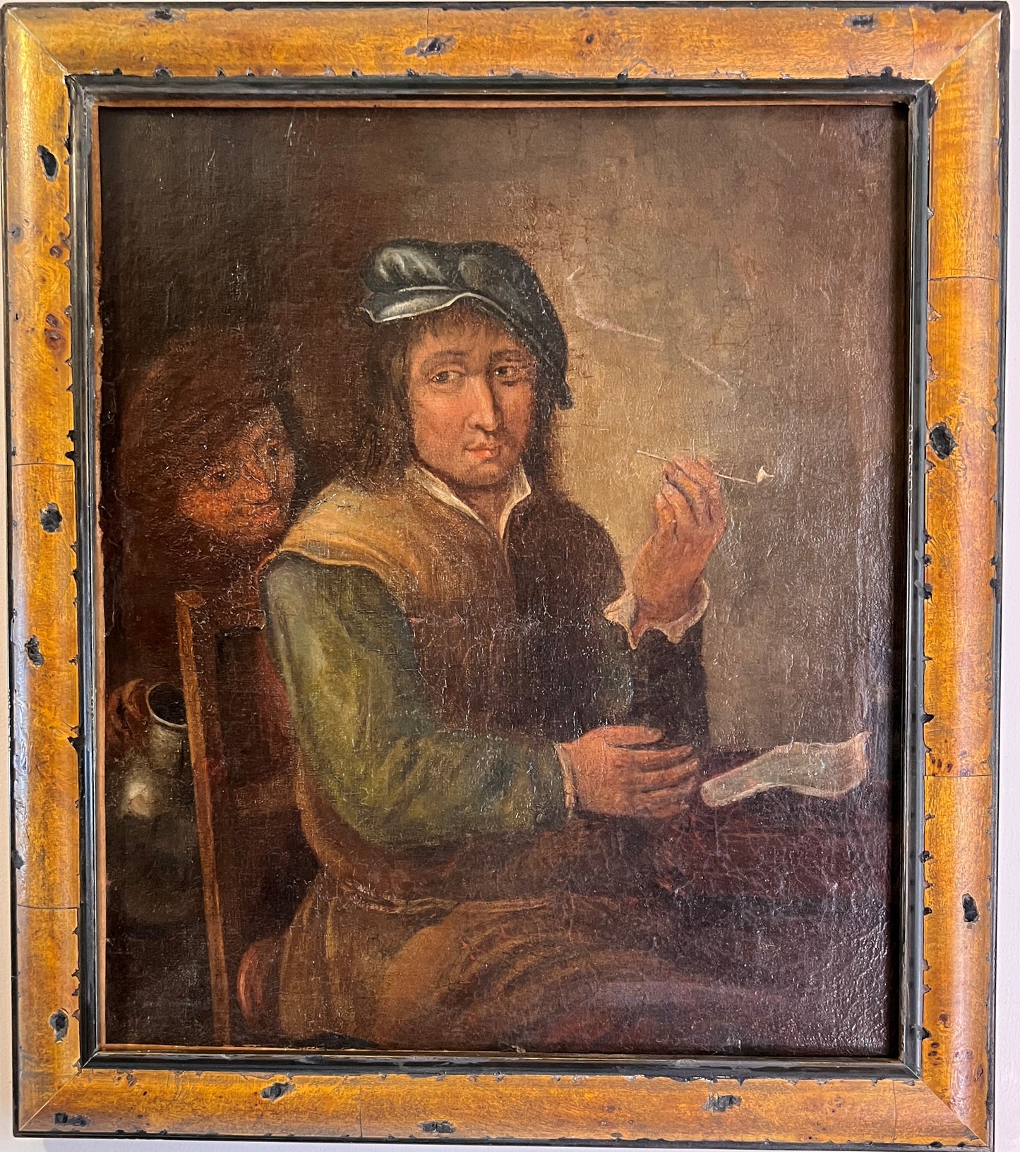 17th-18th Century Dutch Tavern Antique Oil Painting with Seated Figures Scene