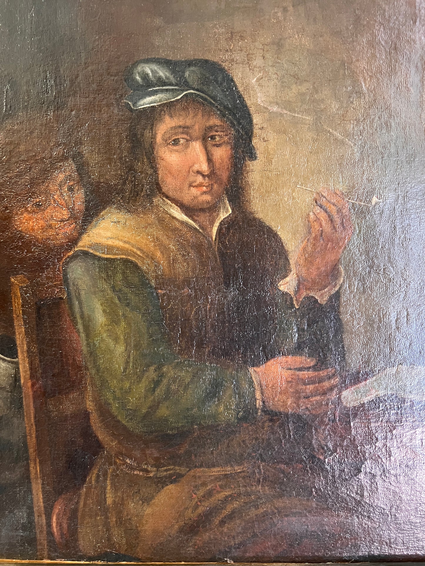 17th-18th Century Dutch Tavern Antique Oil Painting with Seated Figures Scene