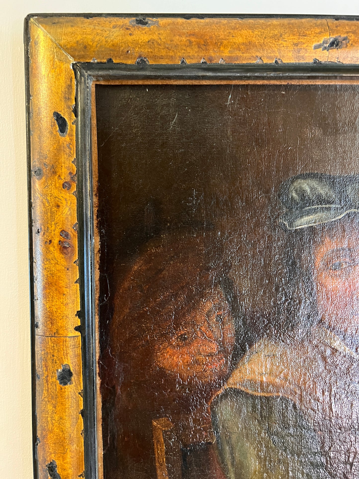 17th-18th Century Dutch Tavern Antique Oil Painting with Seated Figures Scene