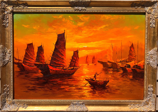 Stunning Large Oil painting on Canvas, Seascape, Sailing Ships at Sunset, Framed