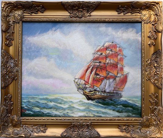 Russian Artist Dobritsin Oil painting on canvas, seascape, Sailing ship, Framed