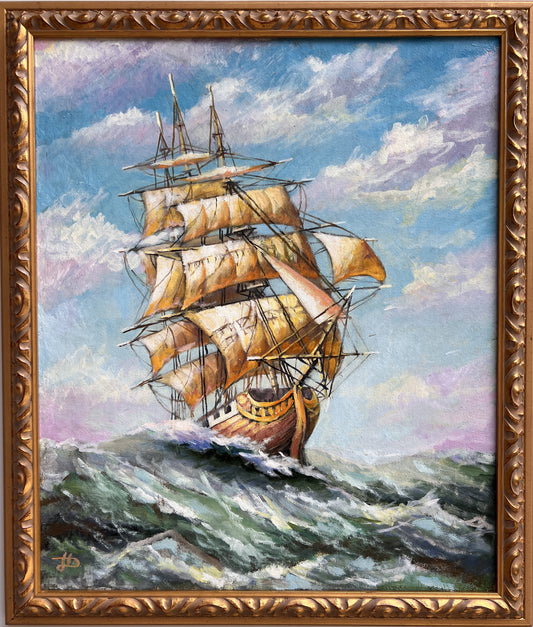Russian Artist Dobritsin Oil painting on canvas, seascape, Sailing ship, Framed