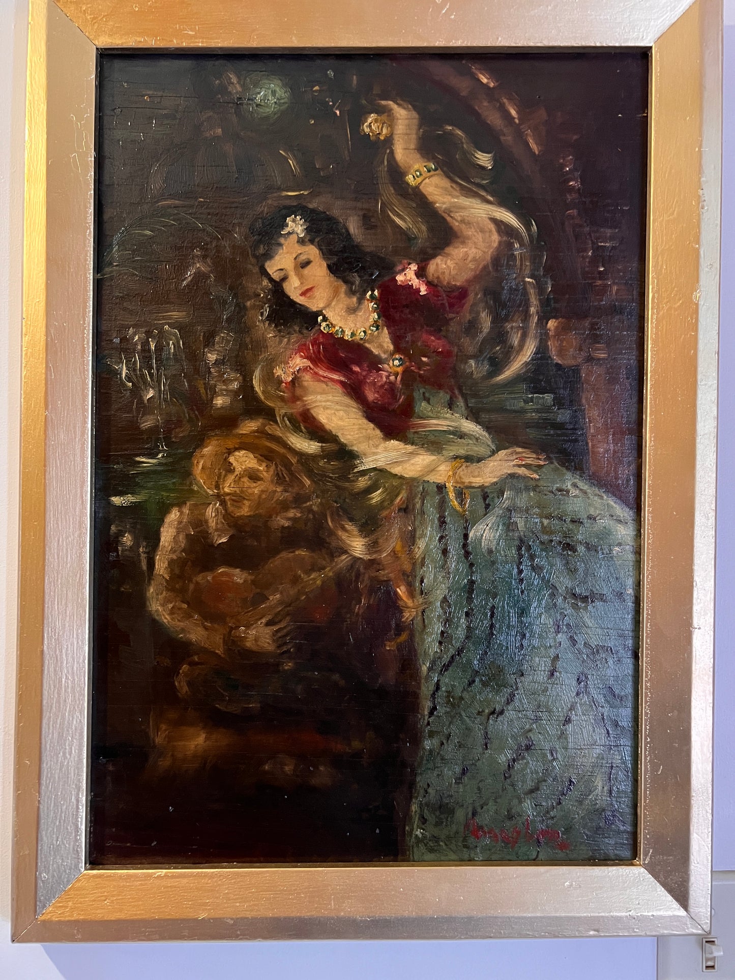 Antique 19th century Oil Painting on board, Spanish Dancing Woman, Signed