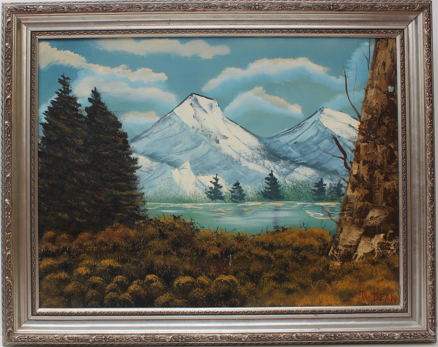 Vintage oil painting on canvas, landscape, mountain view, signed R.Dean,framed