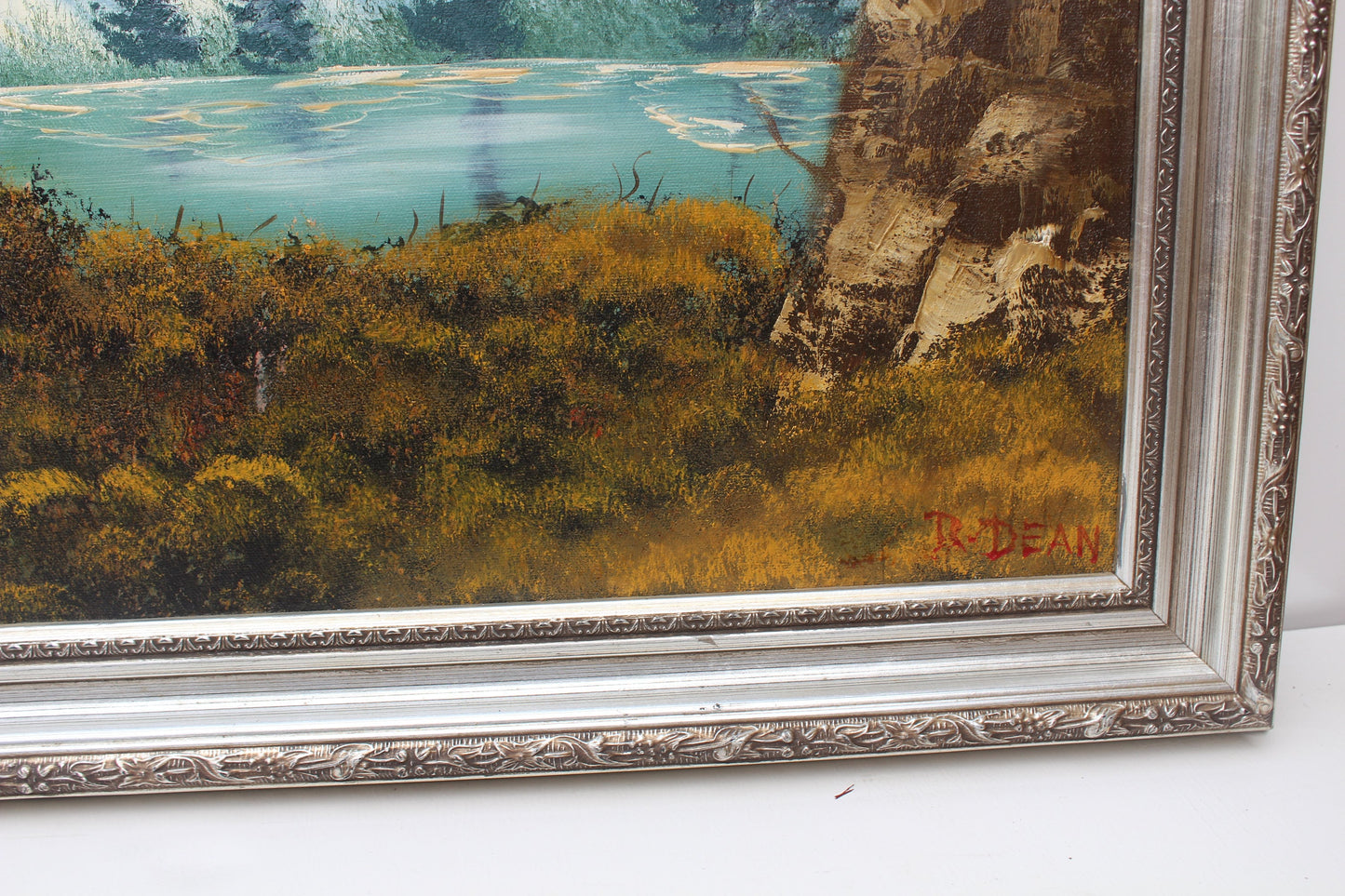 Vintage oil painting on canvas, landscape, mountain view, signed R.Dean,framed