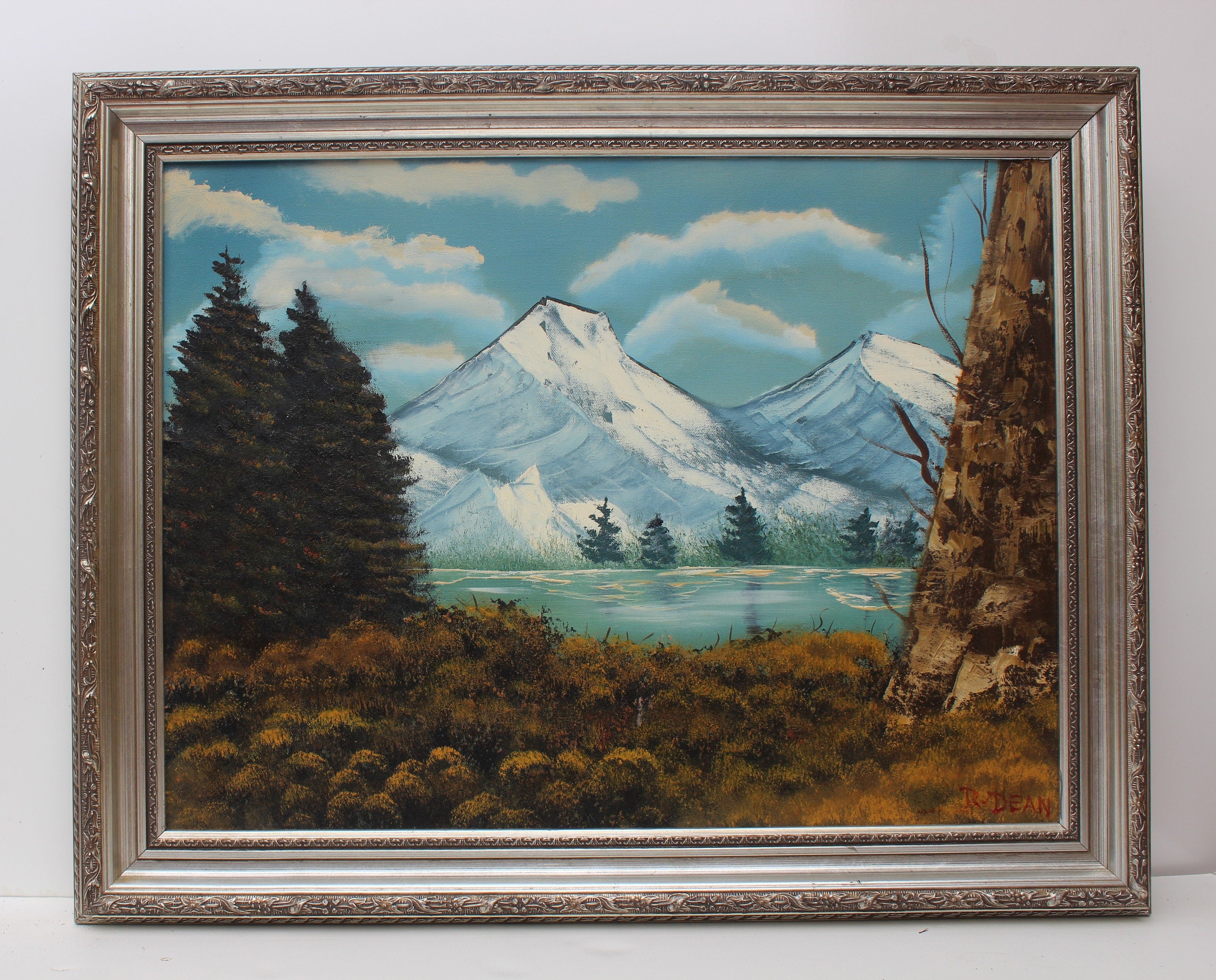 Vintage oil painting on canvas, landscape, shops mountain view, signed R.Dean, framed