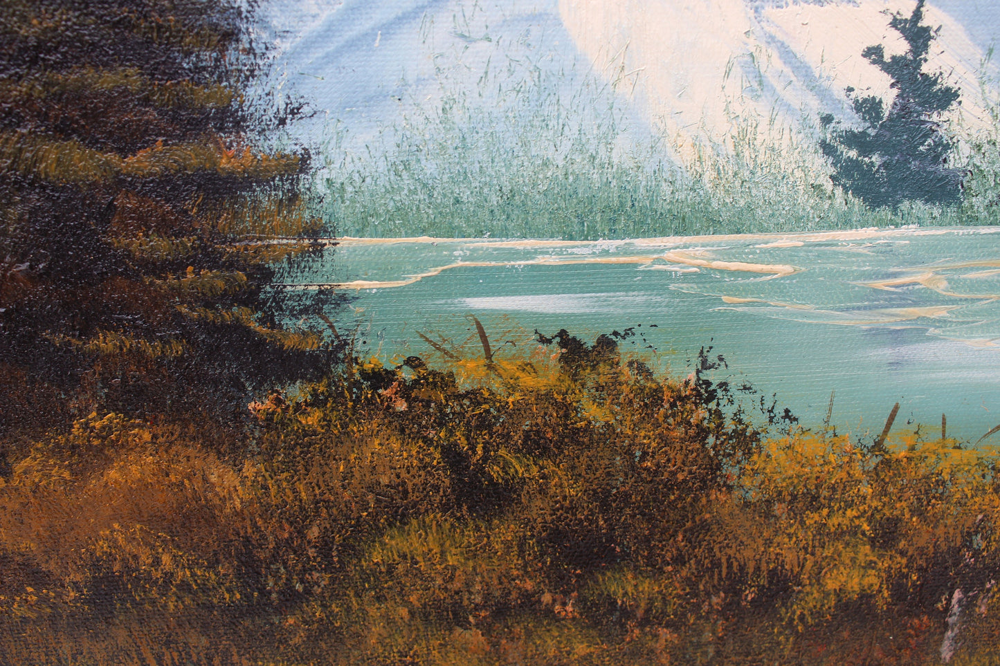 Vintage oil painting on canvas, landscape, mountain view, signed R.Dean,framed