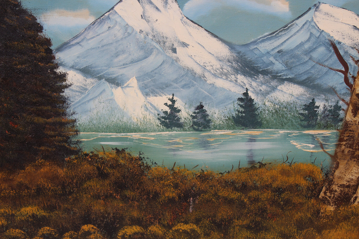 Vintage oil painting on canvas, landscape, mountain view, signed R.Dean,framed