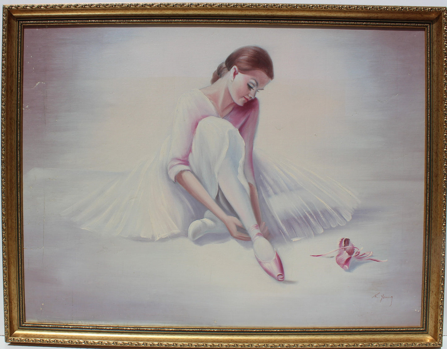 Large vintage oil painting on canvas, R.Young, ballerina, signed, framed