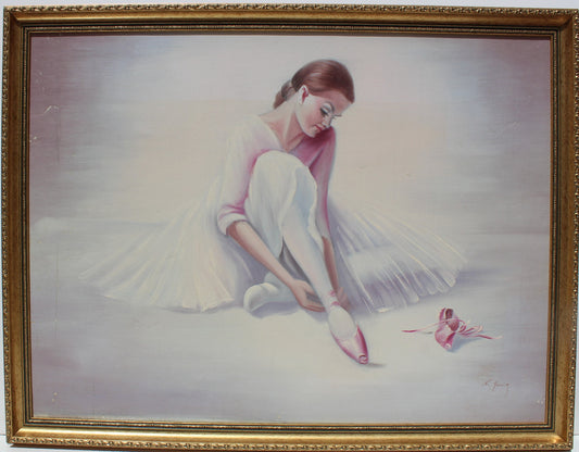 Large vintage oil painting on canvas, R.Young, ballerina, signed, framed