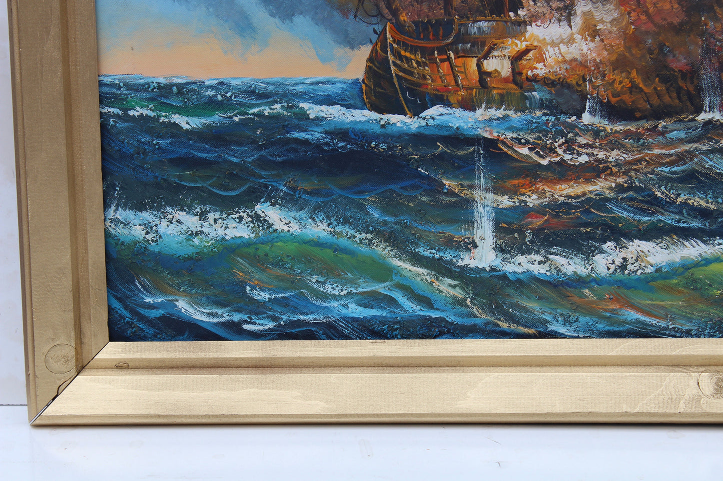 Large Oil painting on canvas, Ship J.Harvey Ls BATTLE AT SEA, Signed, Framed