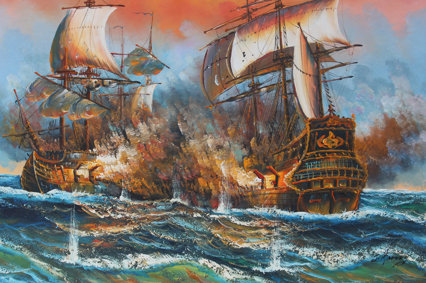 Large Oil painting on canvas, Ship J.Harvey Ls BATTLE AT SEA, Signed, Framed