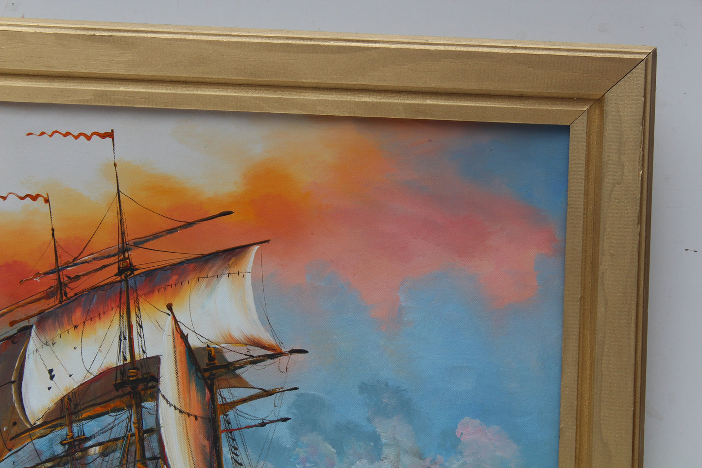 Large Oil painting on canvas, Ship J.Harvey Ls BATTLE AT SEA, Signed, Framed
