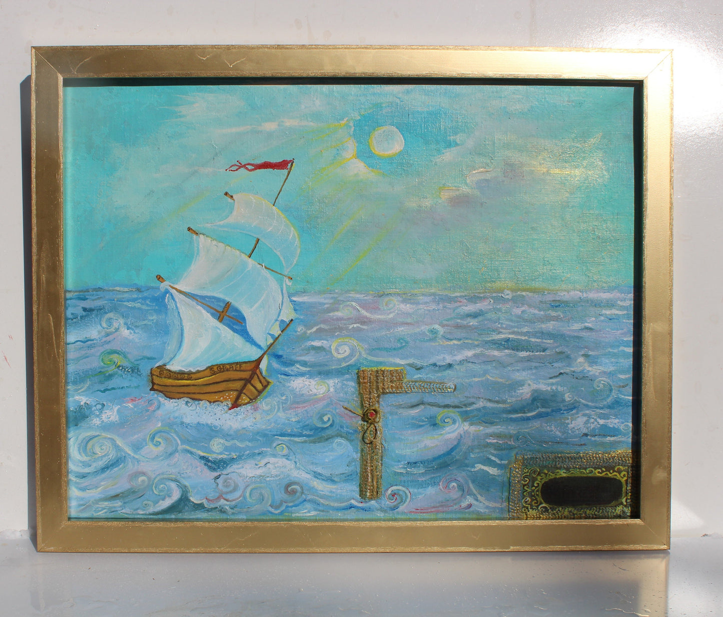 Original painting on antique canvas, seascape, sailboat, signed S.Graff, COA