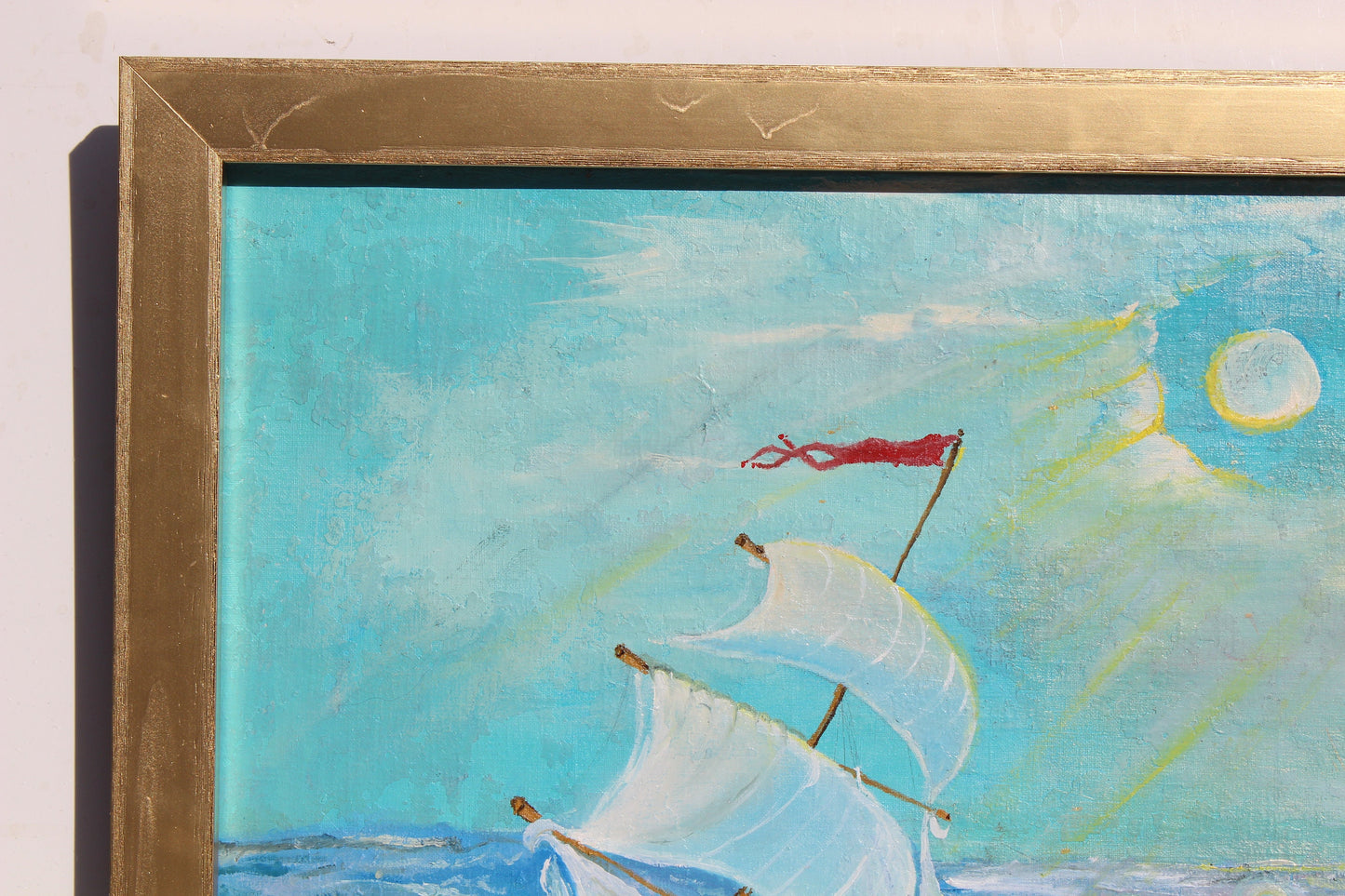 Original painting on antique canvas, seascape, sailboat, signed S.Graff, COA