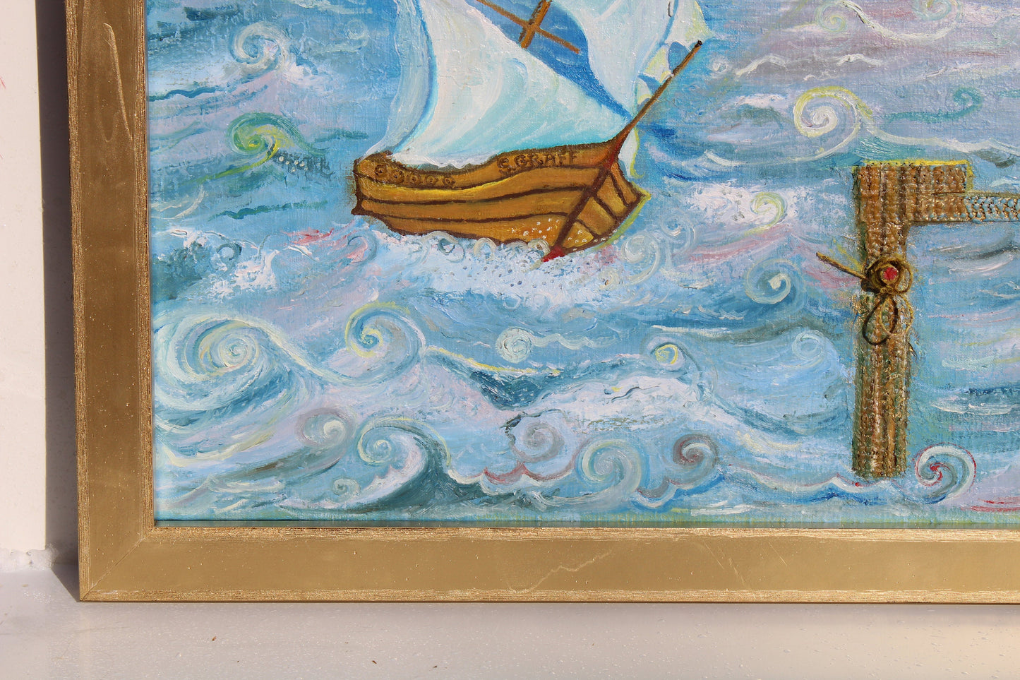 Original painting on antique canvas, seascape, sailboat, signed S.Graff, COA