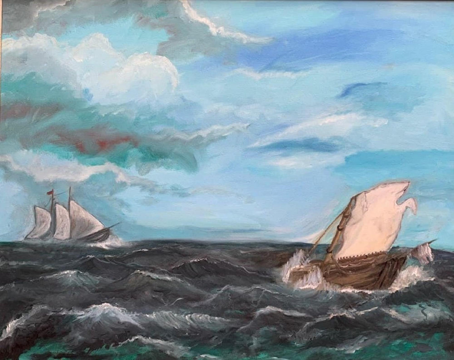 Large Vintage Oil painting on canvas, seascape, Sailing Ships, framed