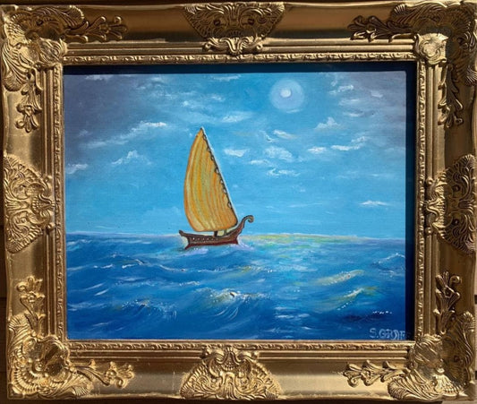 Oil Painting on Canvas, Seascape, Lonely Sailboat on the High Seas, Signed, COA