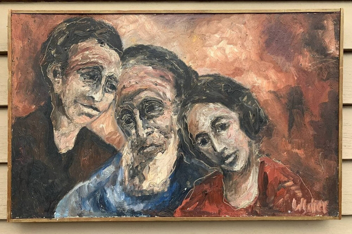 Vintage Oil Painting on board, Family, signed