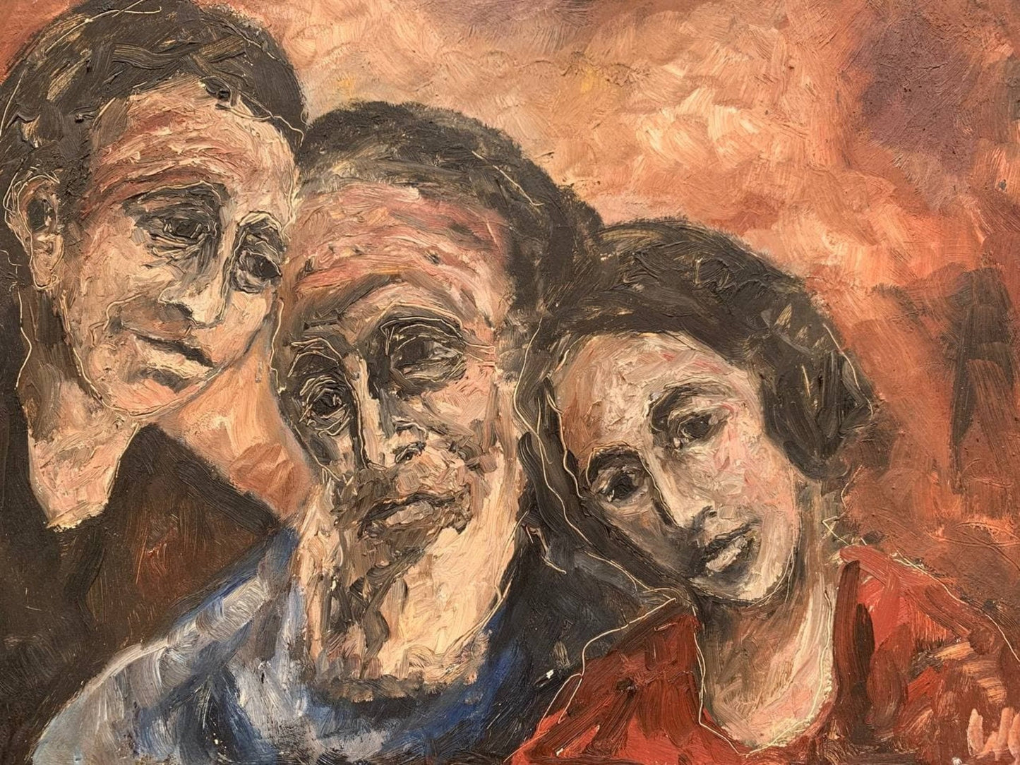 Vintage Oil Painting on board, Family, signed