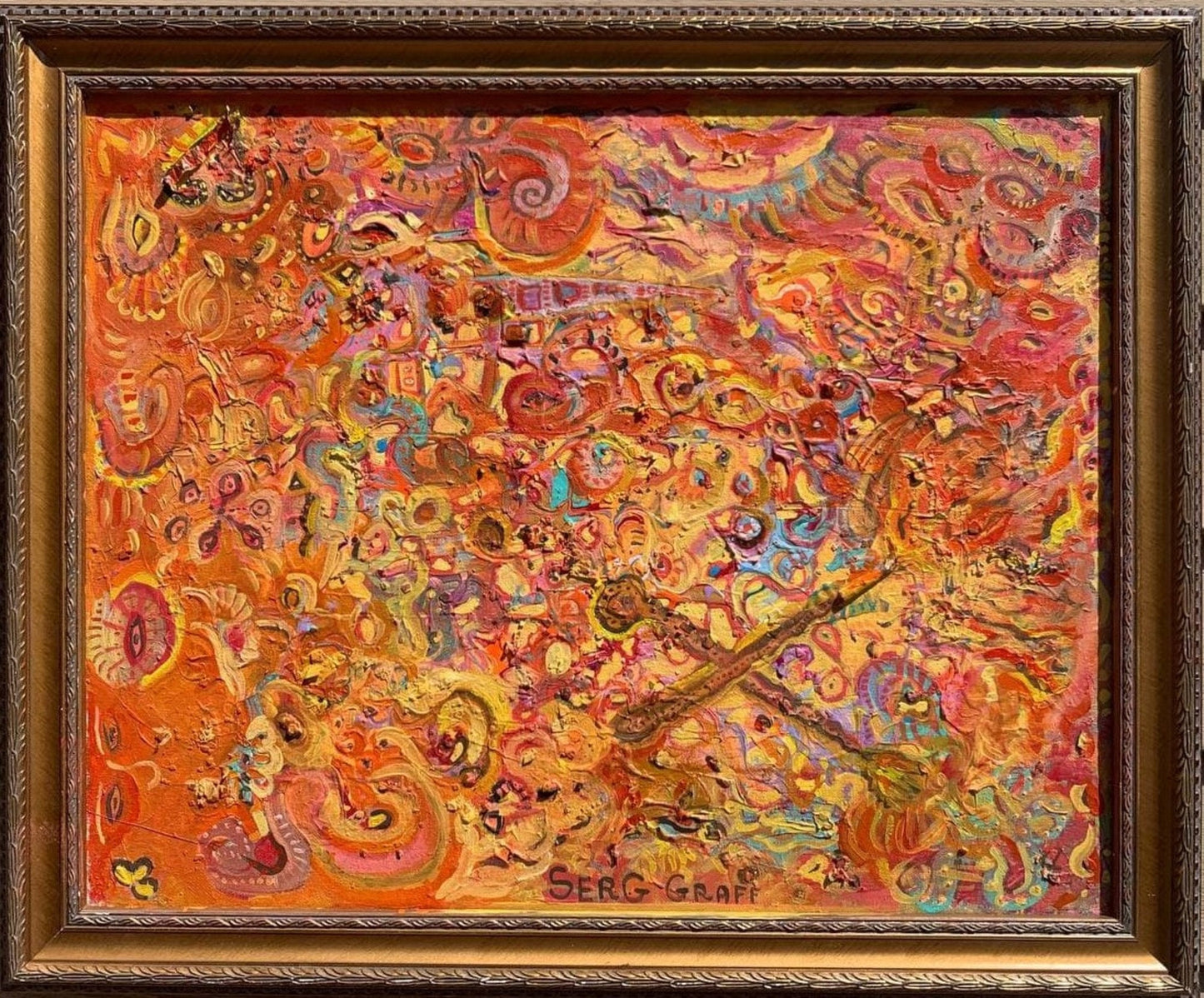 Oil Painting on Canvas, Fantasy Abstract Style, Signed S.Graff,COA, Gilt Frame