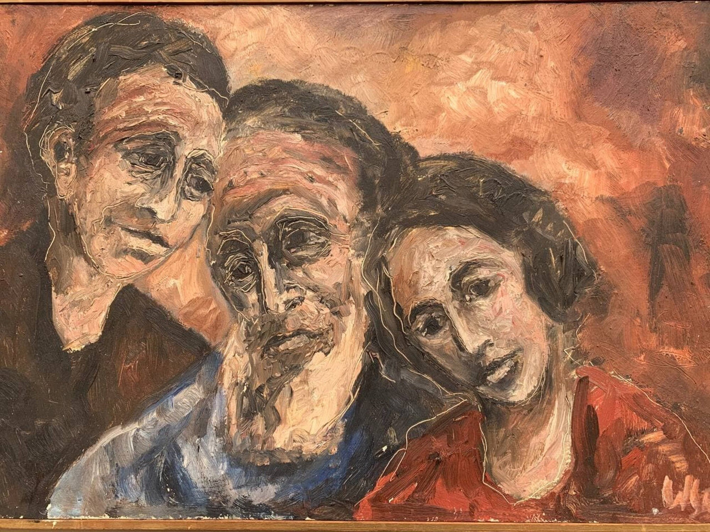 Vintage Oil Painting on board, Family, signed