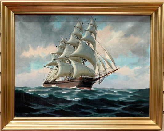 Large Antique T. BAILEY Original Large Oil Painting on canvas Ship on the Ocean