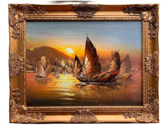 Stunning Oil painting on Canvas, Seascape, Sailing Ships at Sunset, Framed