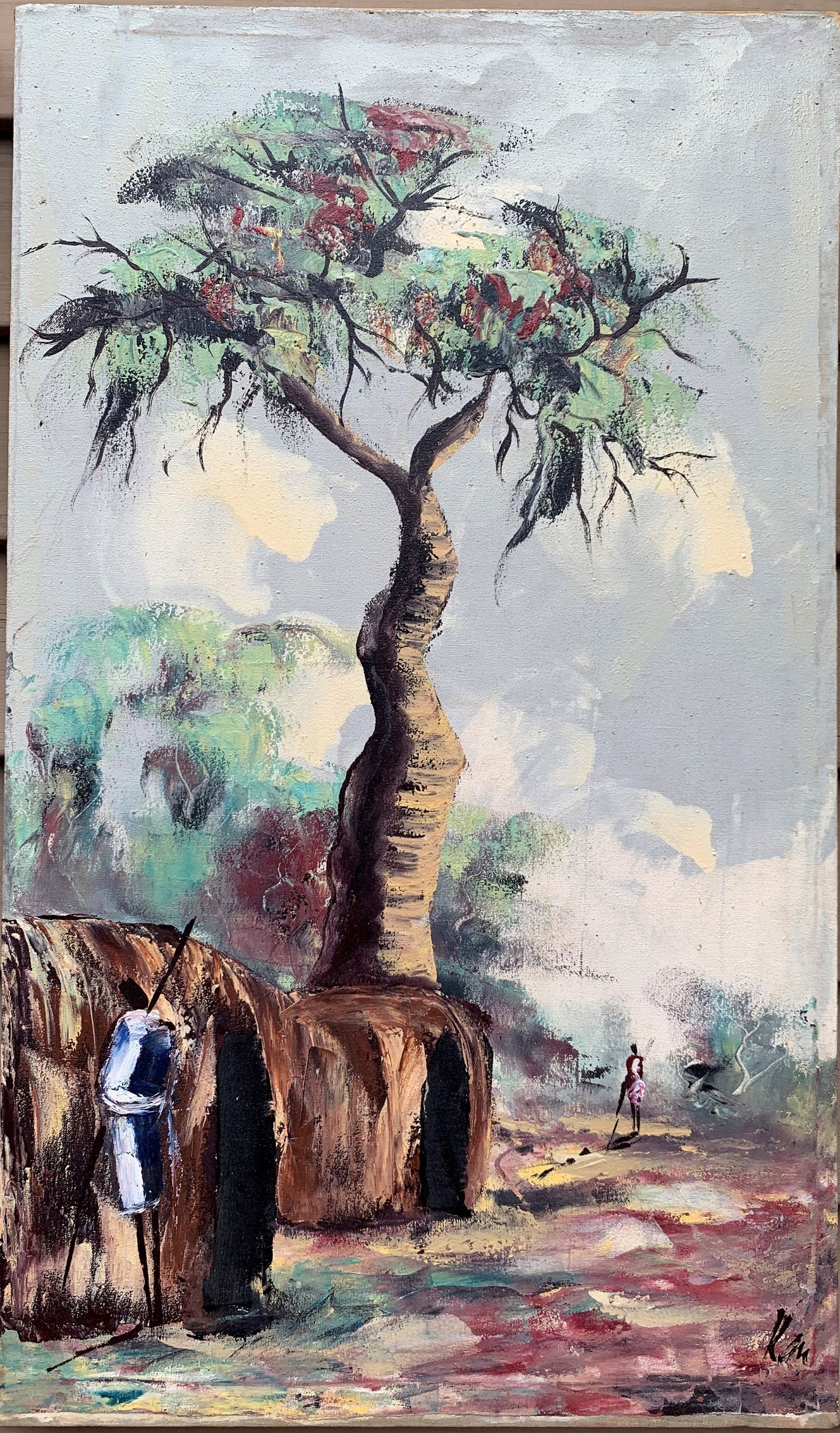 Pair Vintage African Village Oil Paintings Canvas Tribal Genre Signed 27.5"x16"