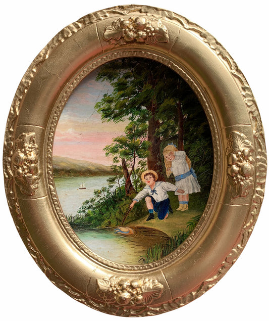 Original Antique Oil painting on board, Unsigned, children, framed