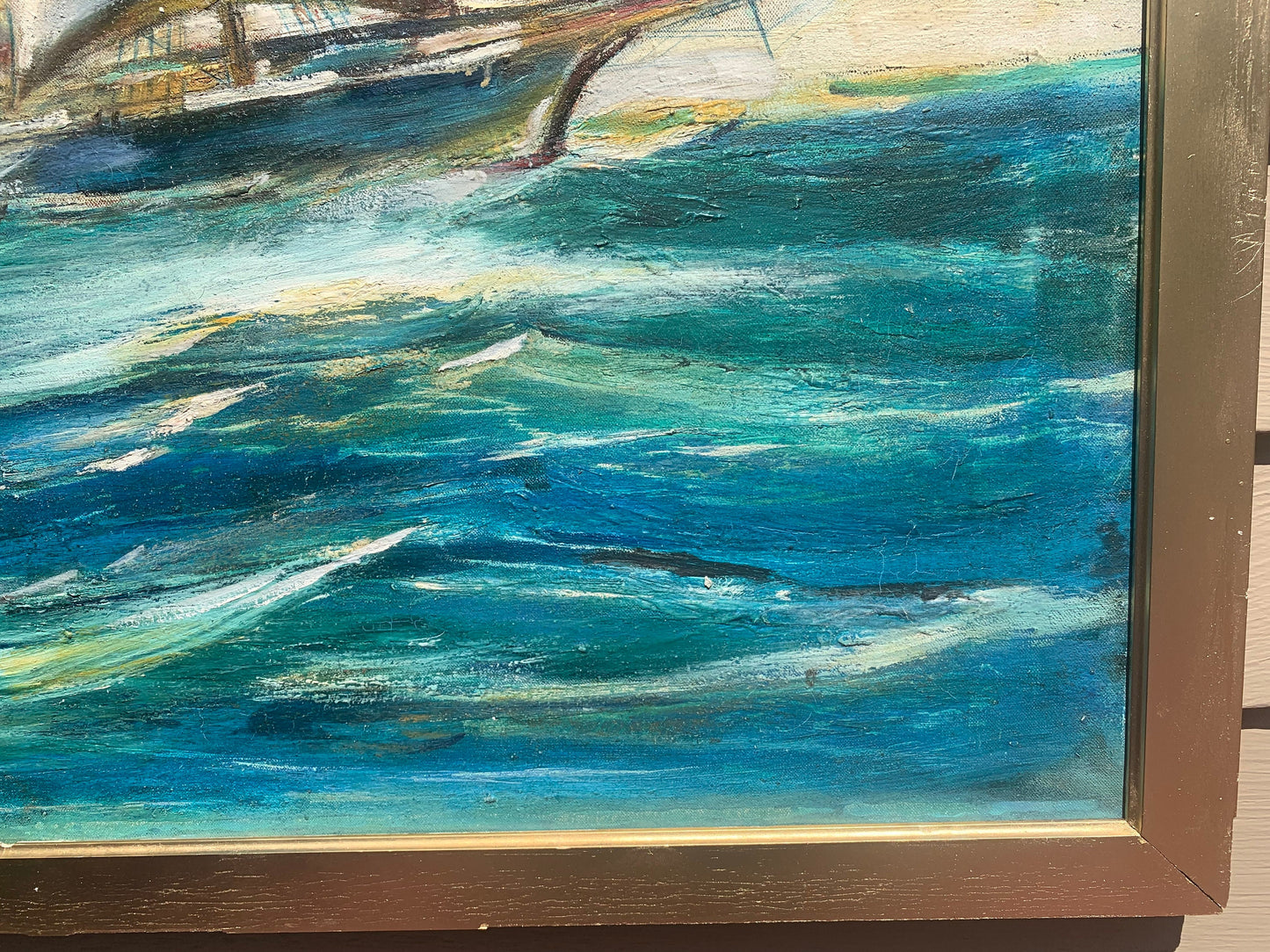 Vintage Oil painting on canvas, seascape, Sailing ship, Unsigned, Framed