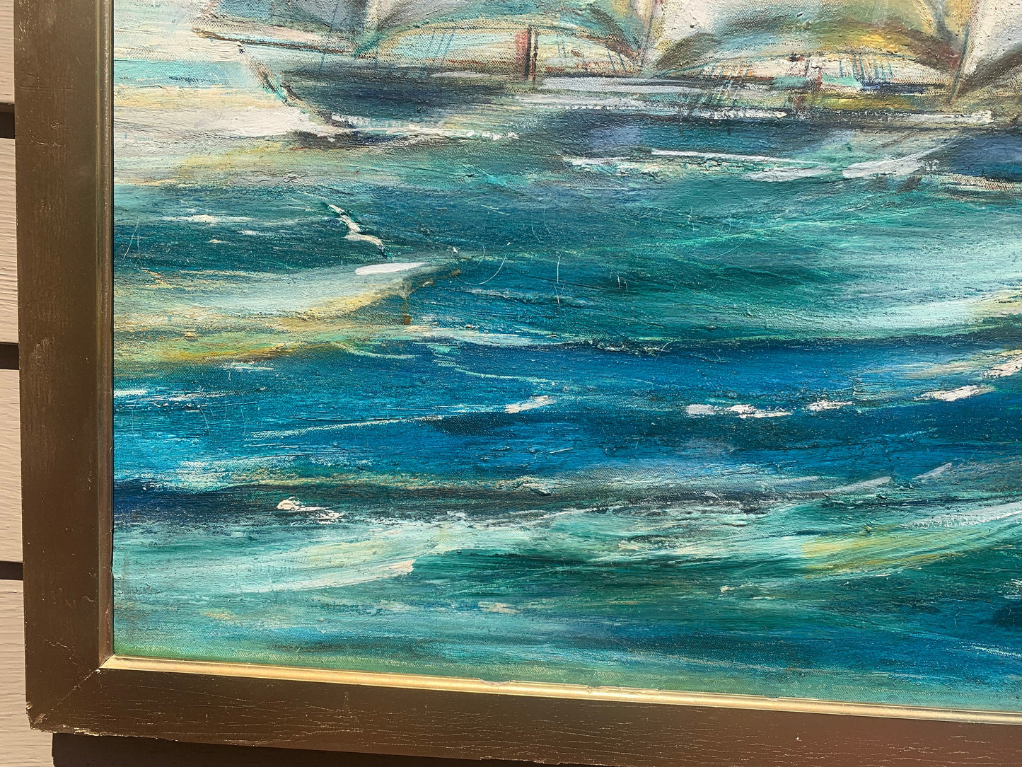 Vintage Oil painting on canvas, seascape, Sailing ship, Unsigned, Framed