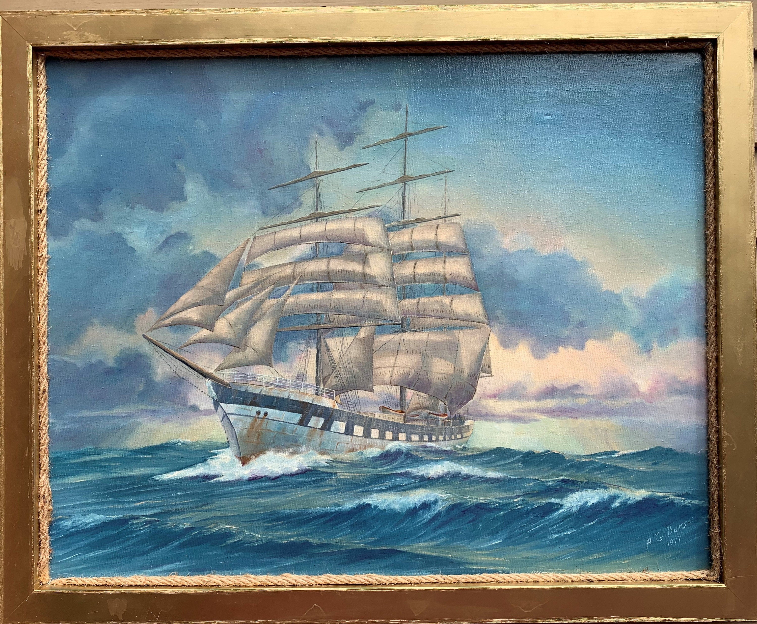 Original Oil offers on Canvas Vintage Painting Sailboat in High Waves Signed Bernal