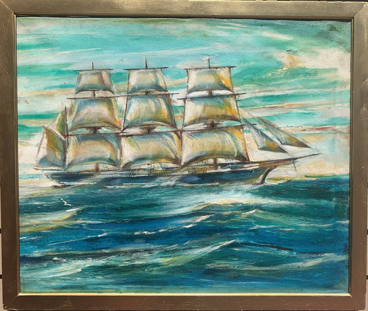 Vintage Oil painting on canvas, seascape, Sailing ship, Unsigned, Framed