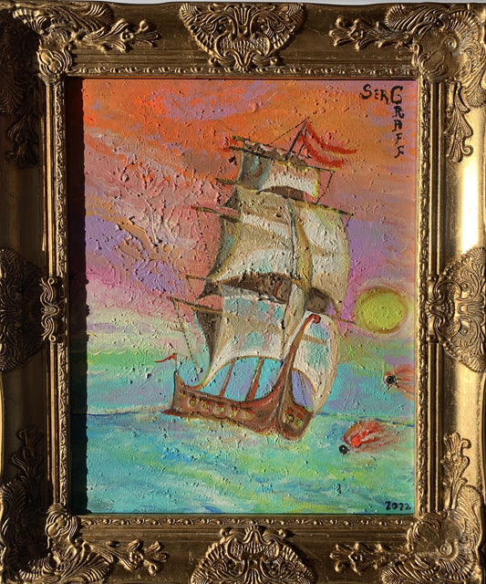 Textured Abstract Painting on Canvas by Serg Graff, "Naval Battle", seascape,  COA