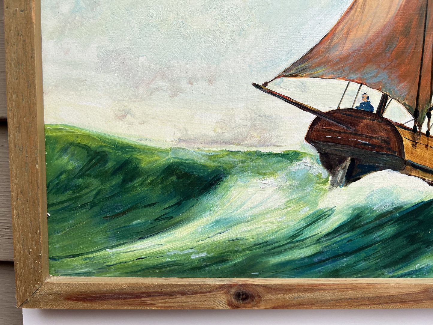 Vintage 1991 Oil painting on boards, seascape, Lugger 1709, Signed, Dated Framed