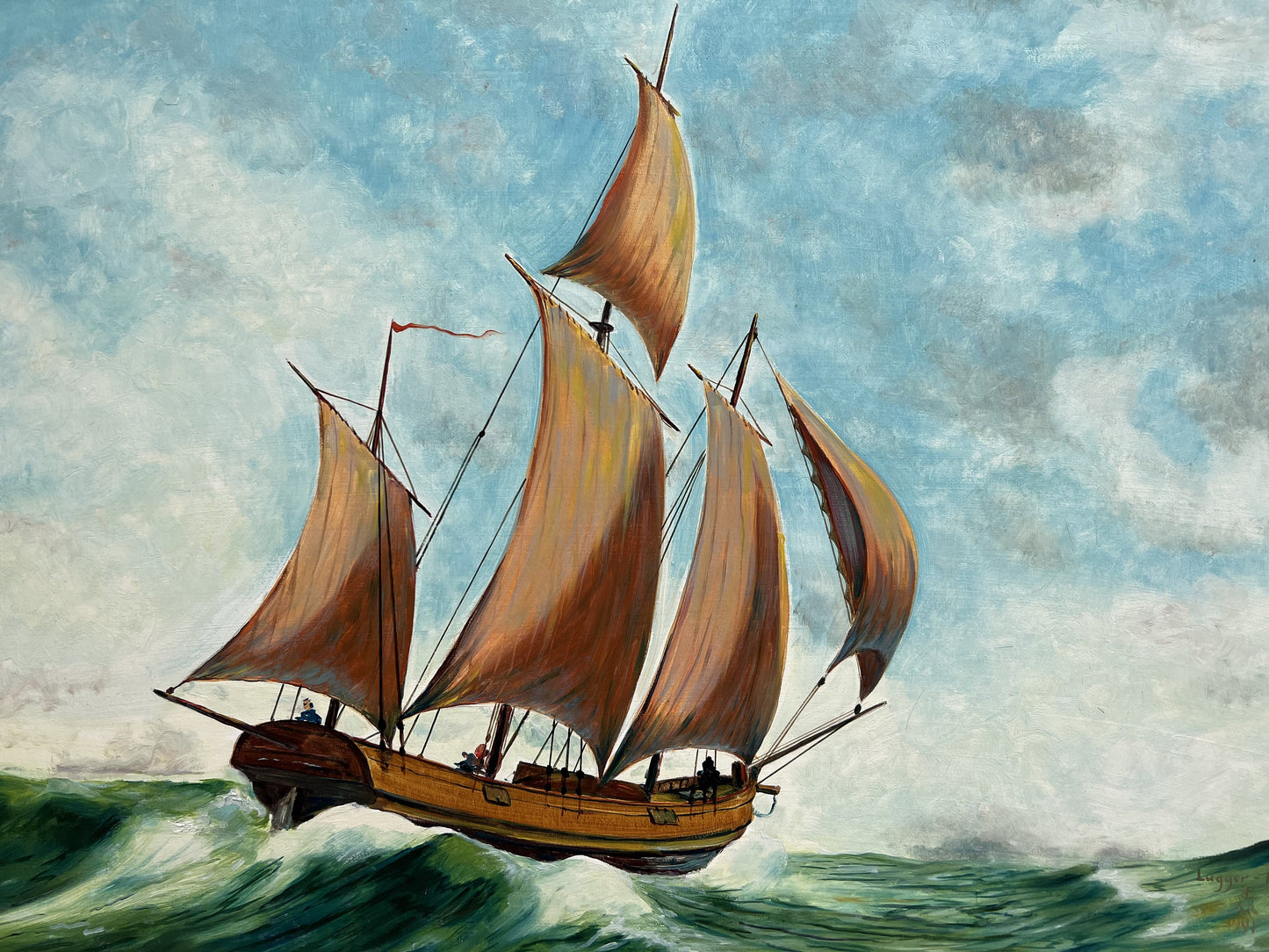 Vintage 1991 Oil painting on boards, seascape, Lugger 1709, Signed, Dated Framed
