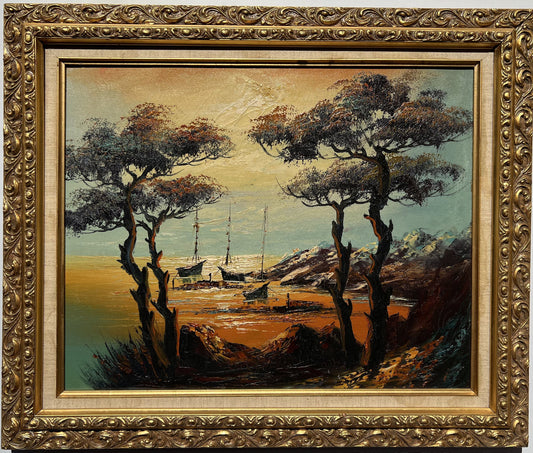 Original oil painting on canvas, Landscape, Seascape, Harbor, Sunset. Framed