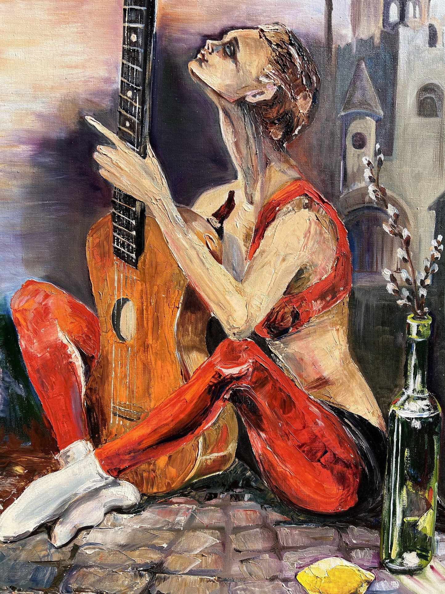 Large Original Oil Painting on canvas contemporary Art young woman with a guitar
