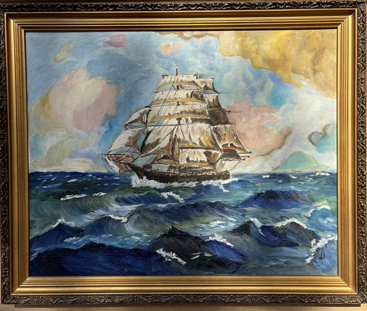 Framed Vintage Oil painting on Canvas, Sailing ship in the ocean, Signed JJ
