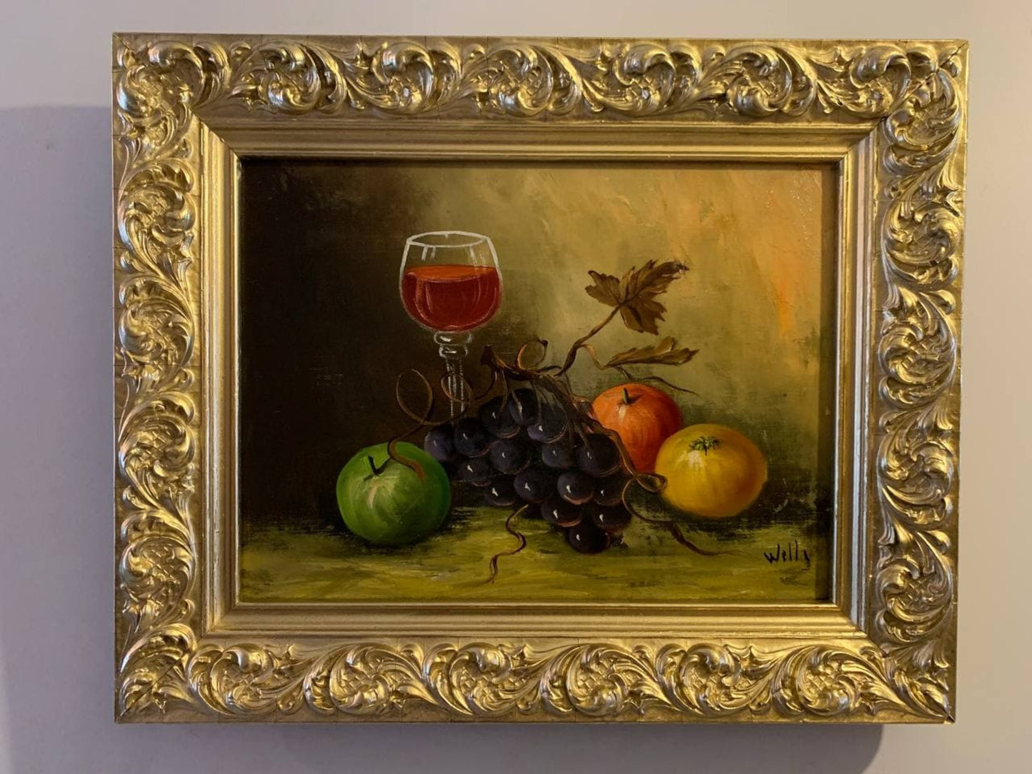 Antique oil painting on canvas, Still life, fruits, Framed, Signed Wells