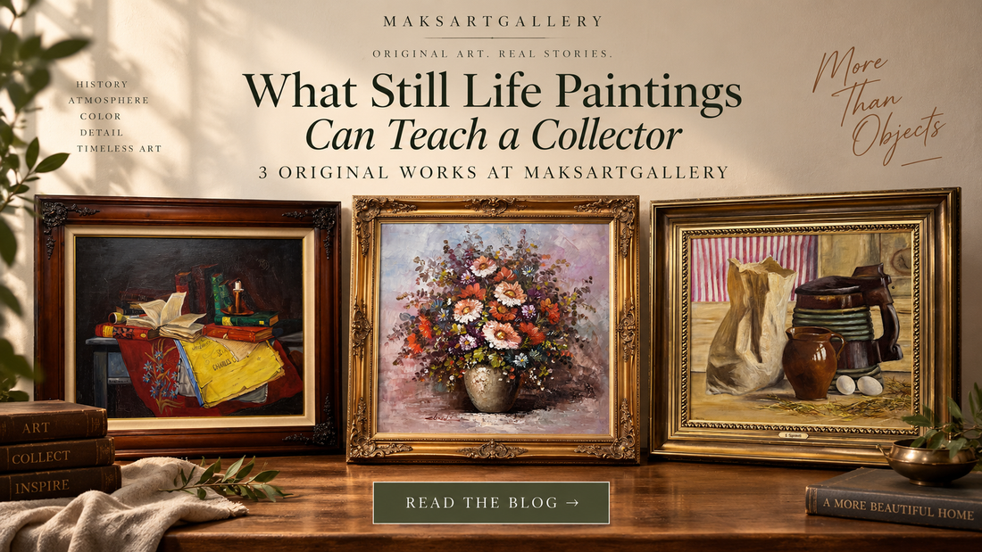 Three original still life paintings from MaksArtGallery featured in a collector guide