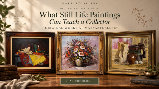 Three original still life paintings from MaksArtGallery featured in a collector guide